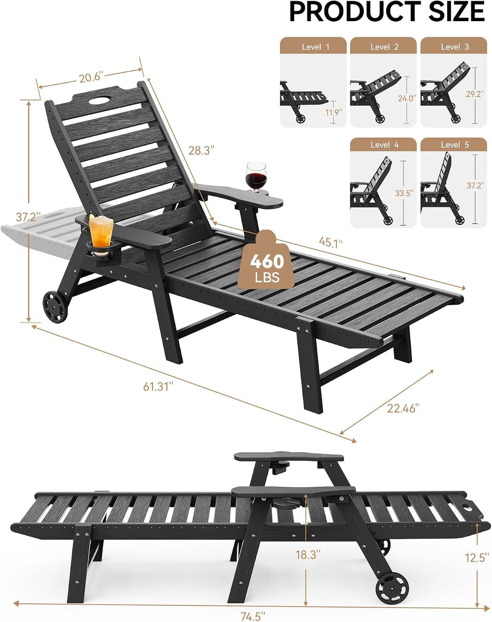 Carauci Lounge Chair Outdoor Set of 2, HDPE Chaise Lounge with Wheels, 5-Posi...