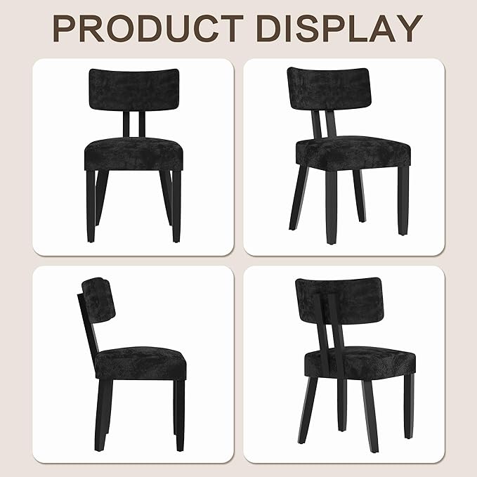 GOTMINSI Mid Century Modern Dining Chairs,Velvet Farmhouse Upholstered Kitchen Chairs, Accent Curved Backrest Dining Room Chairs with Hardwood Legs (Black, 2PCS)