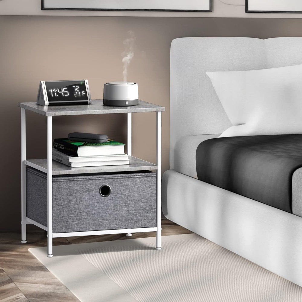 End Table Nightstand Side Table with Drawer and Shelf Rustic Grey Wood Top Sm...