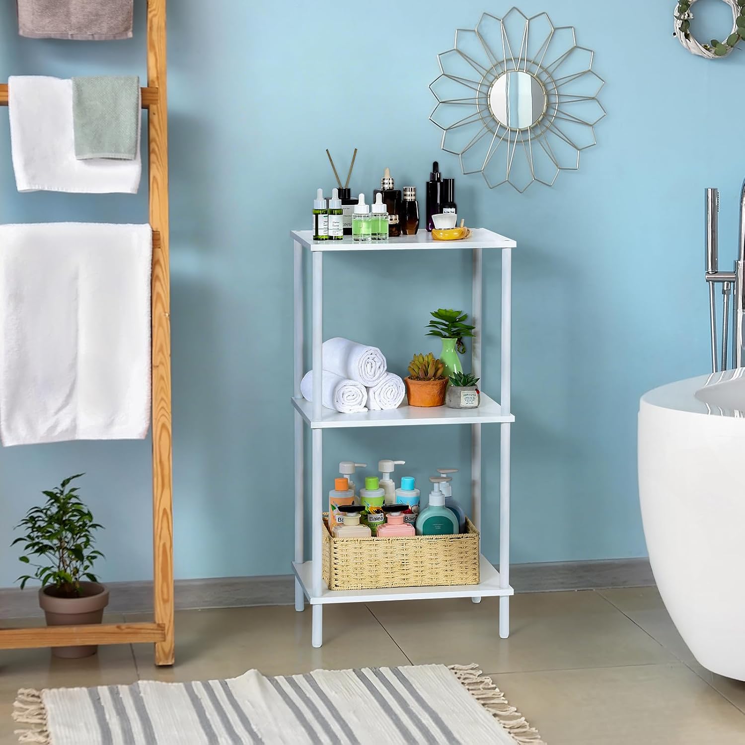 ETELI Tall End Table 3 Tier Small Tall Side Table Stand with Storage Shelves 31.6 Inch Nightstand Bedside Telephone Table for Small Space Living Room Bedroom Bathroom Kitchen, White