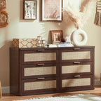 LEYAOYAO Rattan 6 Drawer Dresser for Bedroom, 54" Wide Boho Chest of Drawers, Wooden Dressers TV Stand with Metal Handle, Storage Closet Organizer for Living Room, Hallway, Walnut