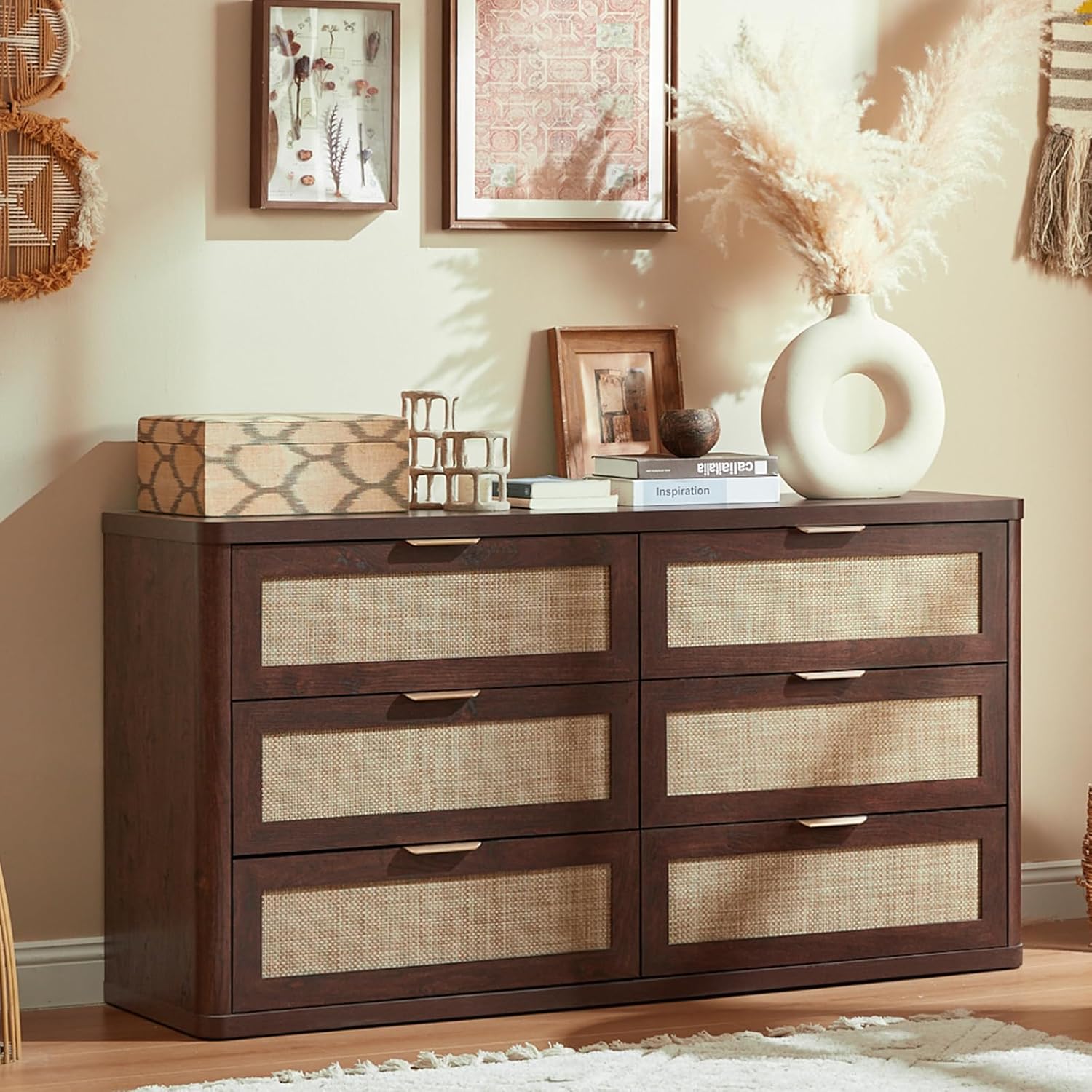 LEYAOYAO Rattan 6 Drawer Dresser for Bedroom, 54" Wide Boho Chest of Drawers, Wooden Dressers TV Stand with Metal Handle, Storage Closet Organizer for Living Room, Hallway, Walnut