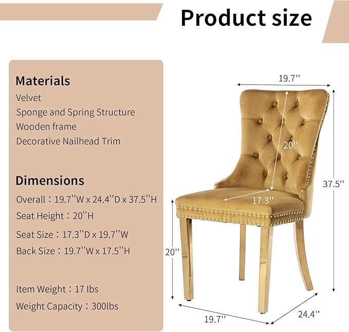 Luxury Upholstered Dining Chairs Set of 4, Yellow Kitchen Chair with Golden Metal Legs, Velvet Tufted Back Dining Chair, Sillas de Comedor, Modern Kitchen & Dining Room Chairs (Gold, 4 Pcs)