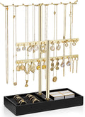 Vlando 2 Tier Jewelry Stand Organizer with Tary, Leather Jewelry Holder Display for Women, Gold Jewlery Holder Stand for Necklace, Earring, Bracelet, Rings - Black