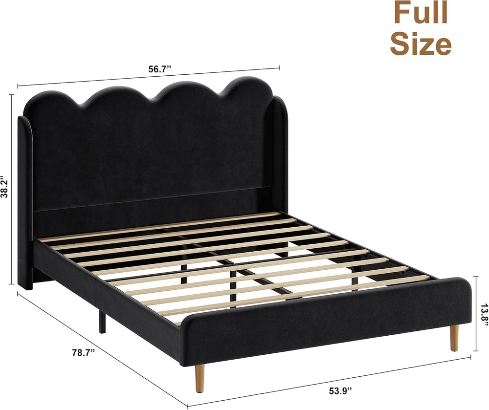 Garvee Chenille Upholstered Full Size Bed Frame, Wingback Design, Black