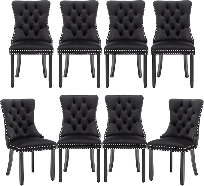 Mid Century Modern Dining Chair Set of 8 Velvet Upholstered Dining Room Chair Farmhouse Dining Accent Chairs with High Back and Nailhead Trim for Kitchen, Living Room, Bedroom (Black, set of 8)