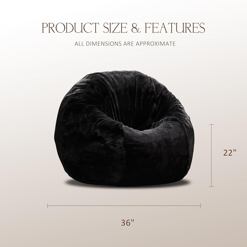 ZurNesfure Bean Bag Chair for Adults, 3FT Giant Bean Bag with Filler & Machine Washable Cover, Fluffy Bean Bag Chairs Oversized Beanbag Lounge Chair for Living Room, Bedroom Dorm (Black, Medium)