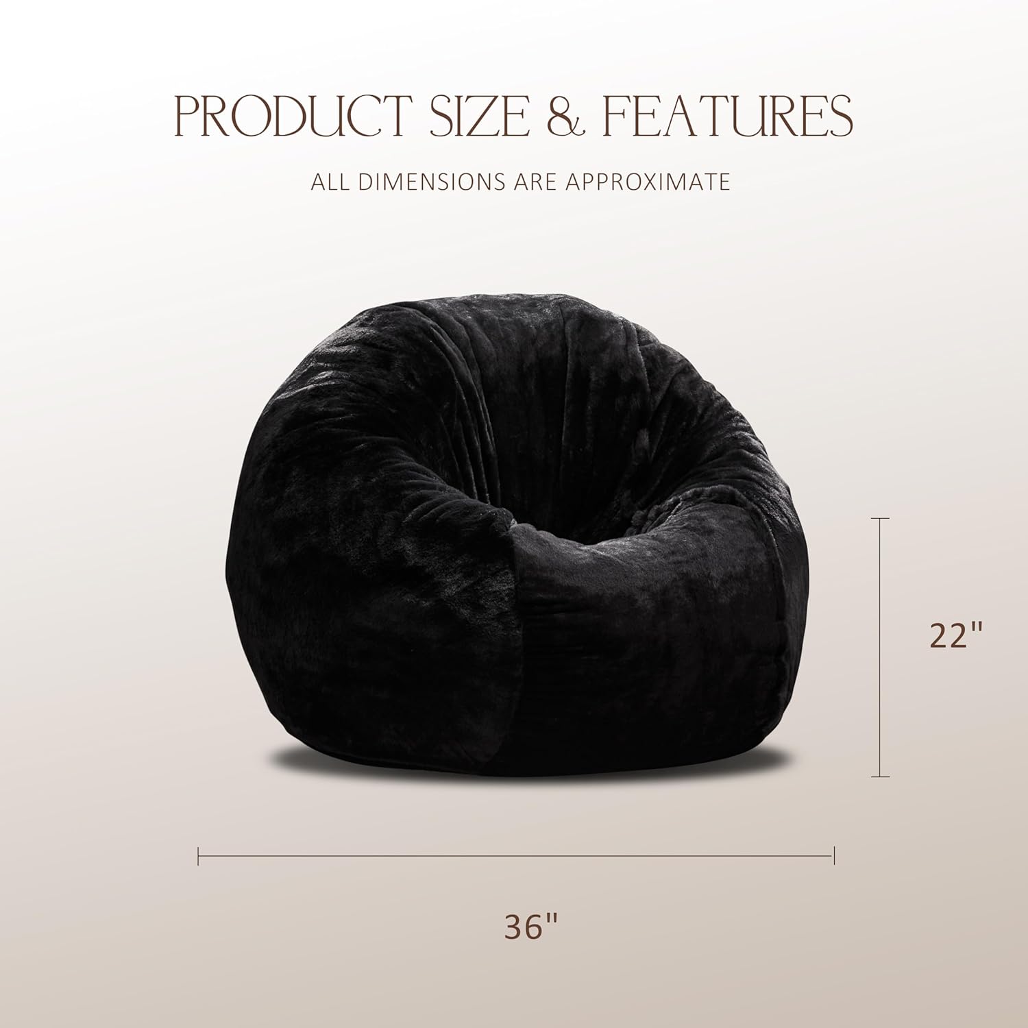 ZurNesfure Bean Bag Chair for Adults, 3FT Giant Bean Bag with Filler & Machine Washable Cover, Fluffy Bean Bag Chairs Oversized Beanbag Lounge Chair for Living Room, Bedroom Dorm (Black, Medium)