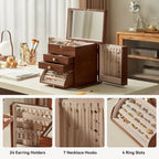 CHOSIN Black Walnut Wooden Jewelry Box, 4-Layer Lockable Organizer with Mirror, Rotatable Ring Holder,Side Doors & Brass Handle, Classical Design for Rings, Necklaces, Earrings, Christmas Gifts