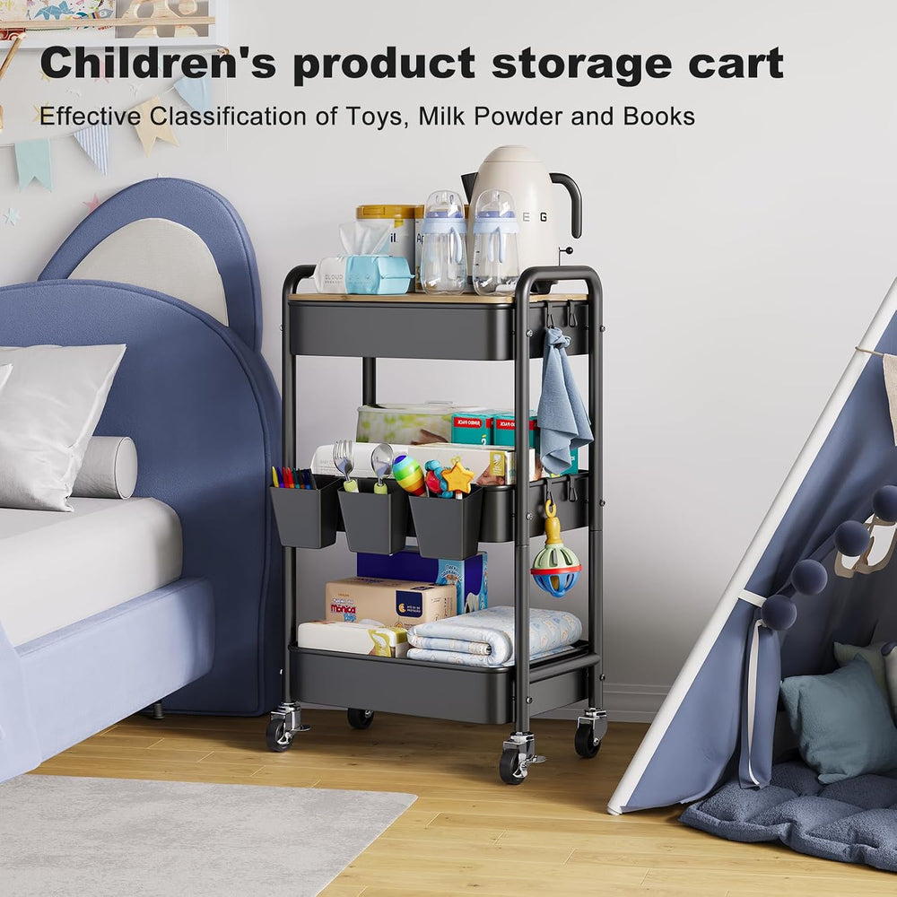 3 Tier Storage Rolling Cart with Wood Table Top on Lockable Wheels（Black）