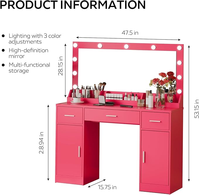 47.5” Vanity Desk with Large Mirror, 3 Colour Lighting Modes, Adjustable Brightness, Dresser with 3 Drawers & 2 Vertical Cabinets, Makeup Vanity Table for Women Girls
