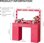47.5” Vanity Desk with Large Mirror, 3 Colour Lighting Modes, Adjustable Brightness, Dresser with 3 Drawers & 2 Vertical Cabinets, Makeup Vanity Table for Women Girls