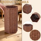 UNICRAFTALE 1pc Brown Handmade Wicker Umbrella Stand Hexagonal Woven Rattan Umbrella Holder with Storage Basket for Entryway and Bathroom 15.5x8.5x7.5 Inch