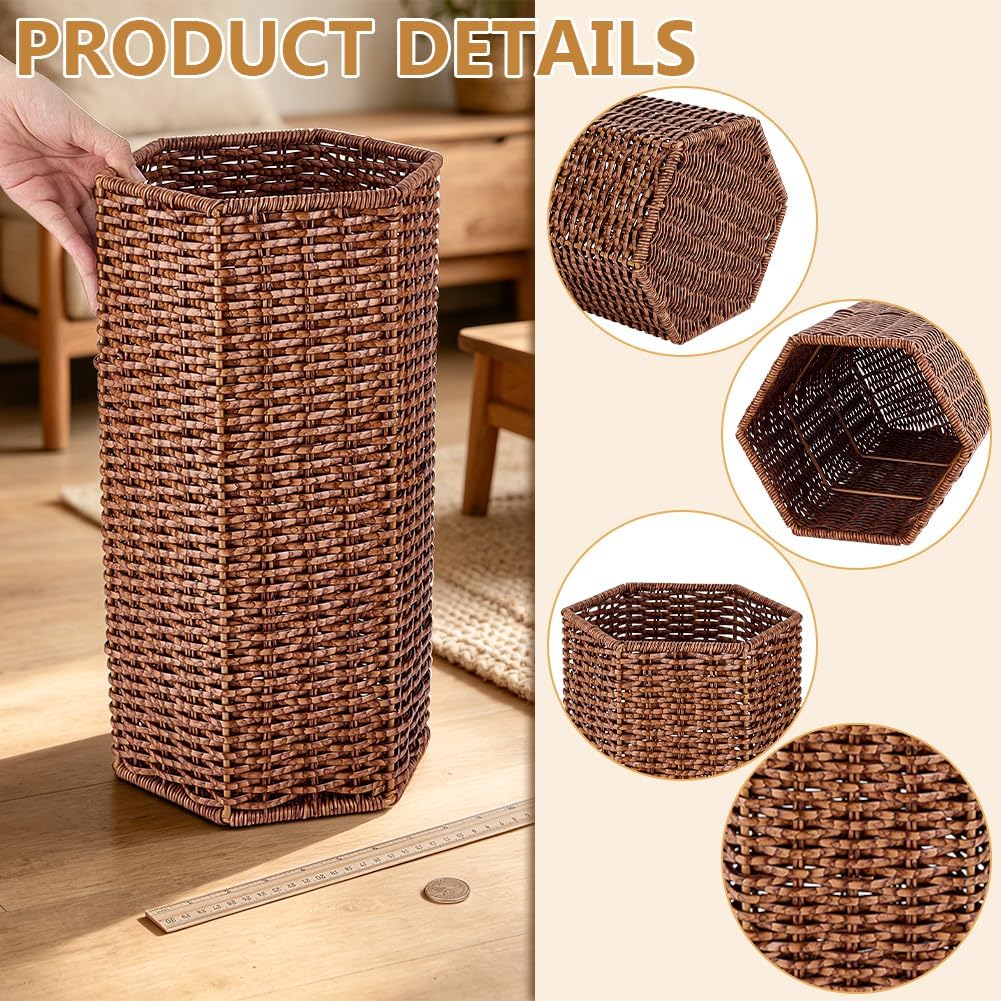 UNICRAFTALE 1pc Brown Handmade Wicker Umbrella Stand Hexagonal Woven Rattan Umbrella Holder with Storage Basket for Entryway and Bathroom 15.5x8.5x7.5 Inch