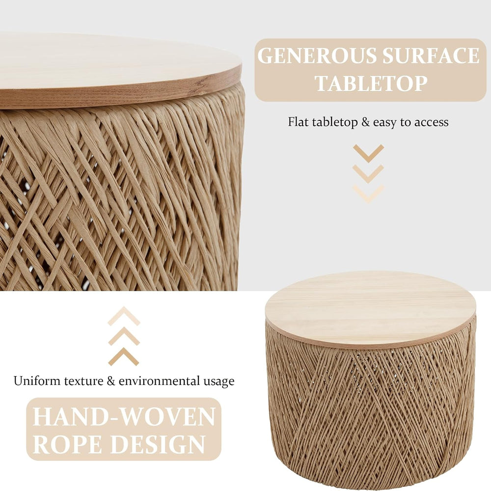 Kmax 24" Round Wood Nesting Coffee Table Set of 2 Handcraft Woven & ...