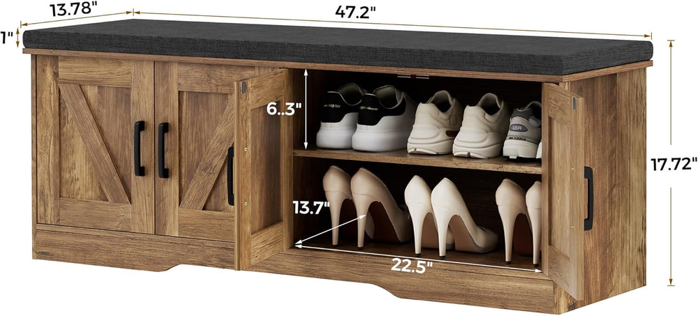 HOMSHO Farmhouse Shoe Storage Bench with 4 Barn Doors & Padded Seat Cushi...