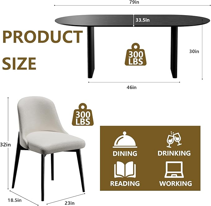 Casaphoria Wood Kitchen Table Set with 2 Chairs, 79" Dining Kitchen Table & Chairs Set for 6-8, Modern Farmhouse Oval Dining Table for Living Room, Easy Assembly, Black