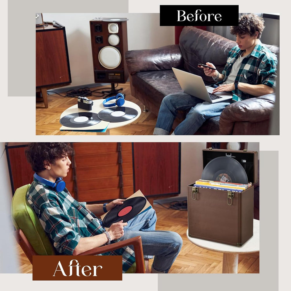 Hododou Vinyl Record Storage Box with Lock Record Organizer Storage for 30+ S...