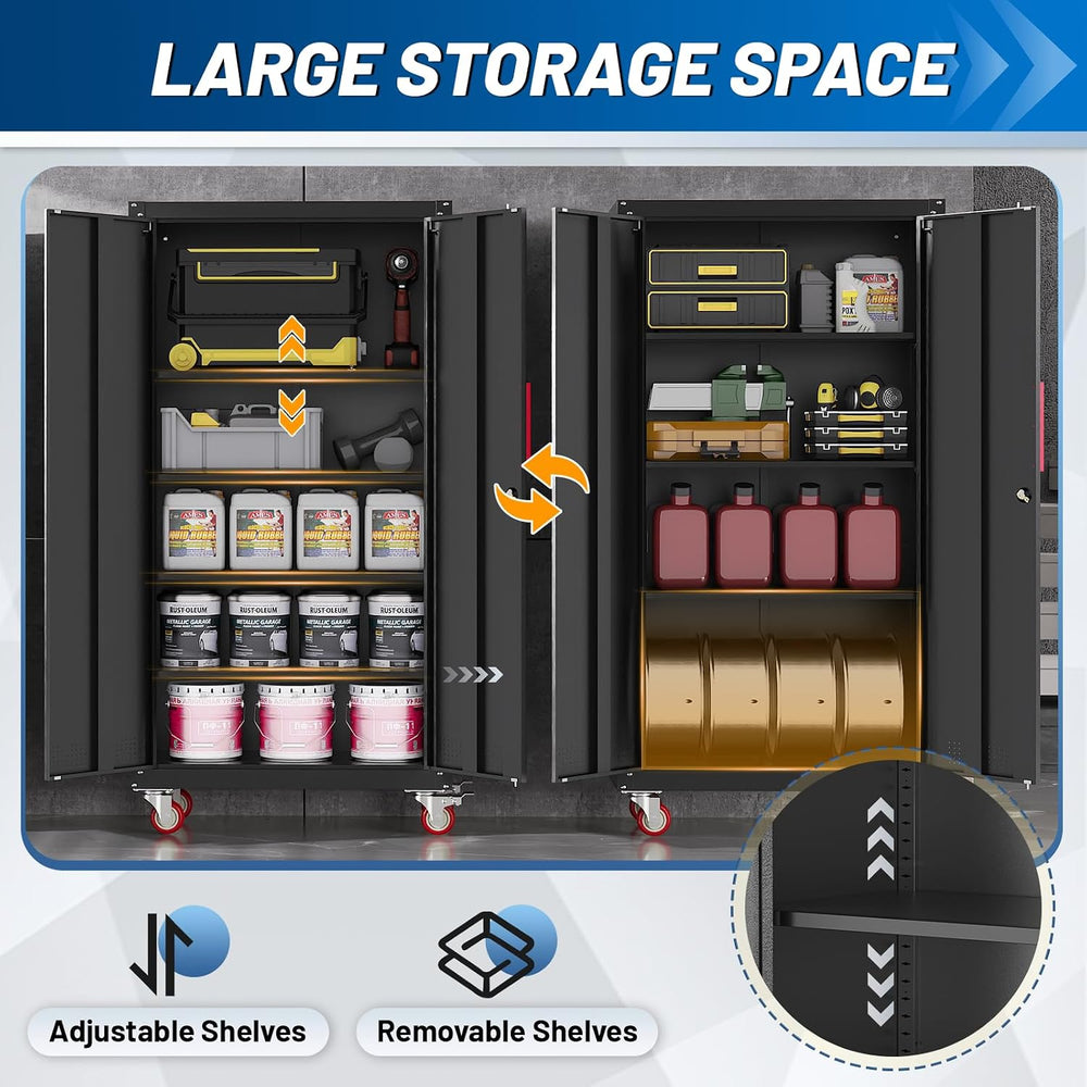 Metal Storage Cabinet with Wheels,71"Garage Cabinets with Lock Door | He...
