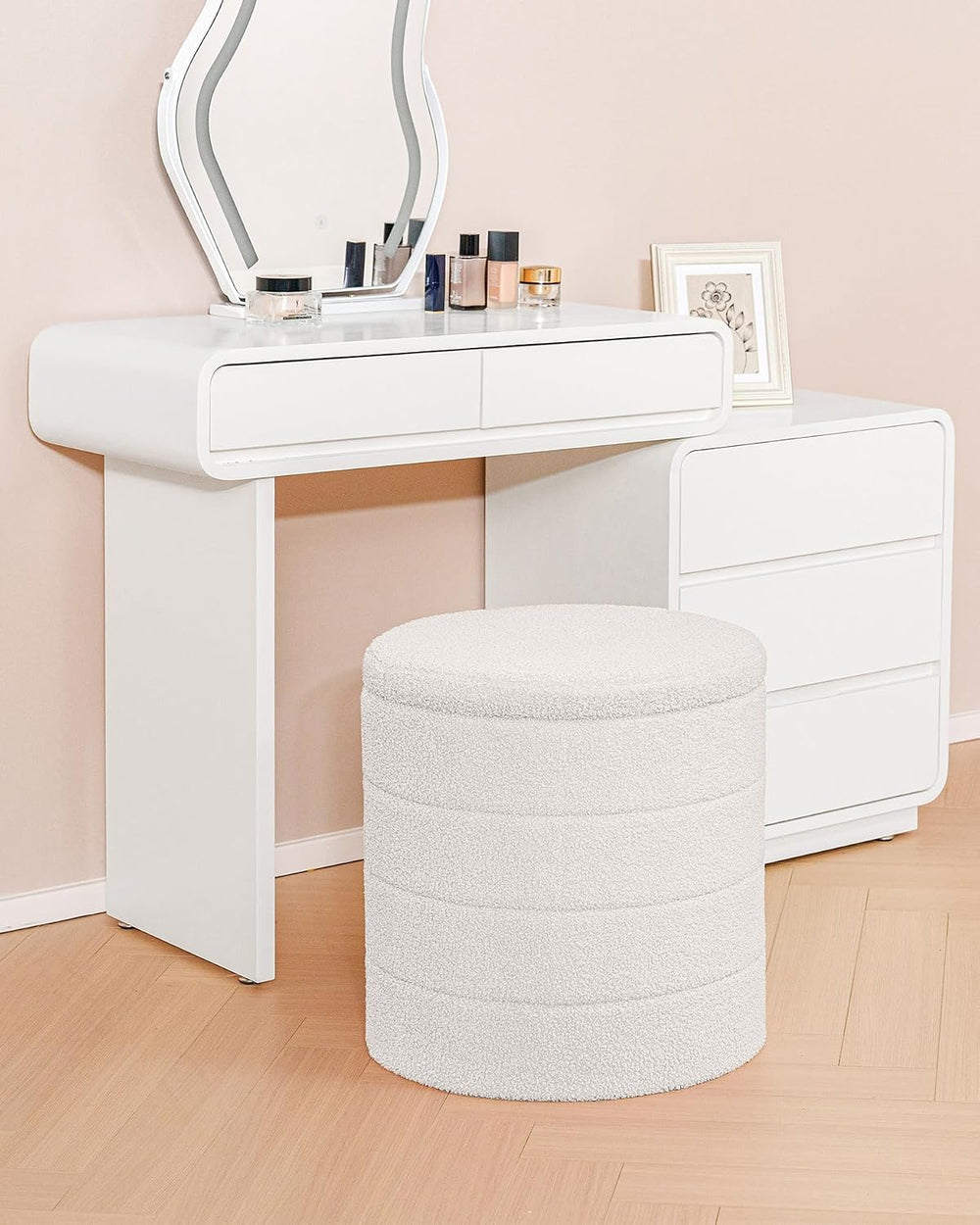 B FSOBEIIALEO Folding Storage Ottoman, Round Sherpa Ottomans, Cream White | 1...