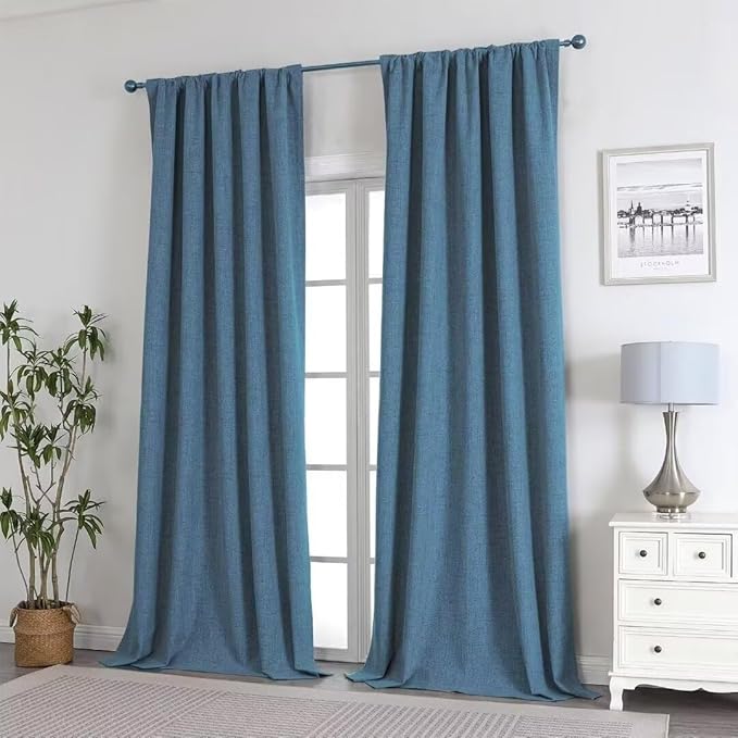 Joydeco Natural Linen Curtains 90 inch Length 2 Panels Set Burg 100% Blackout Patio Door Curtain Room Darkening Sliding Door Curtains Thermal Insulated Back tab Rod Pocket(105x90 inch, Sky Blue)