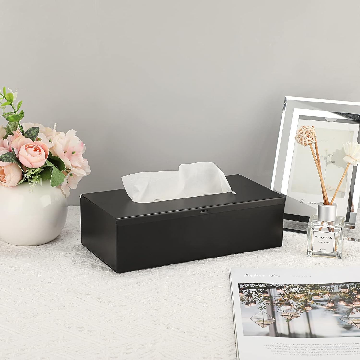Sumnacon Rectangular Tissue Box Cover - Stylish Stainless Steel Tissue Box Holder, Modern Metal Facial Tissue Holder for Dresser Table Night Stand Bathroom Vanity Home Office Bar Decor, Black