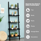 Ladder Shelf, 5-Tier Wall-Leaning Bookshelf, Rustic Wood Ladder, Storage Rack Shelves, Multipurpose Organizer Rack for Living Room, Bathroom, Office (Black)