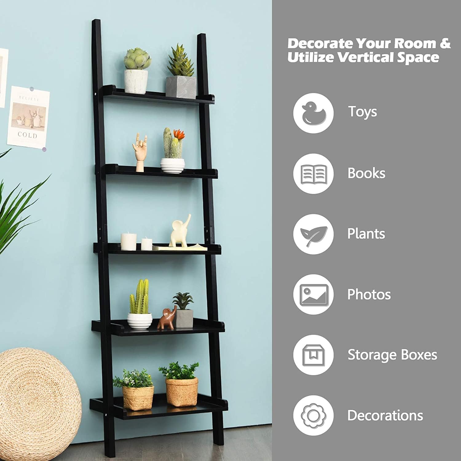 Ladder Shelf, 5-Tier Wall-Leaning Bookshelf, Rustic Wood Ladder, Storage Rack Shelves, Multipurpose Organizer Rack for Living Room, Bathroom, Office (Black)
