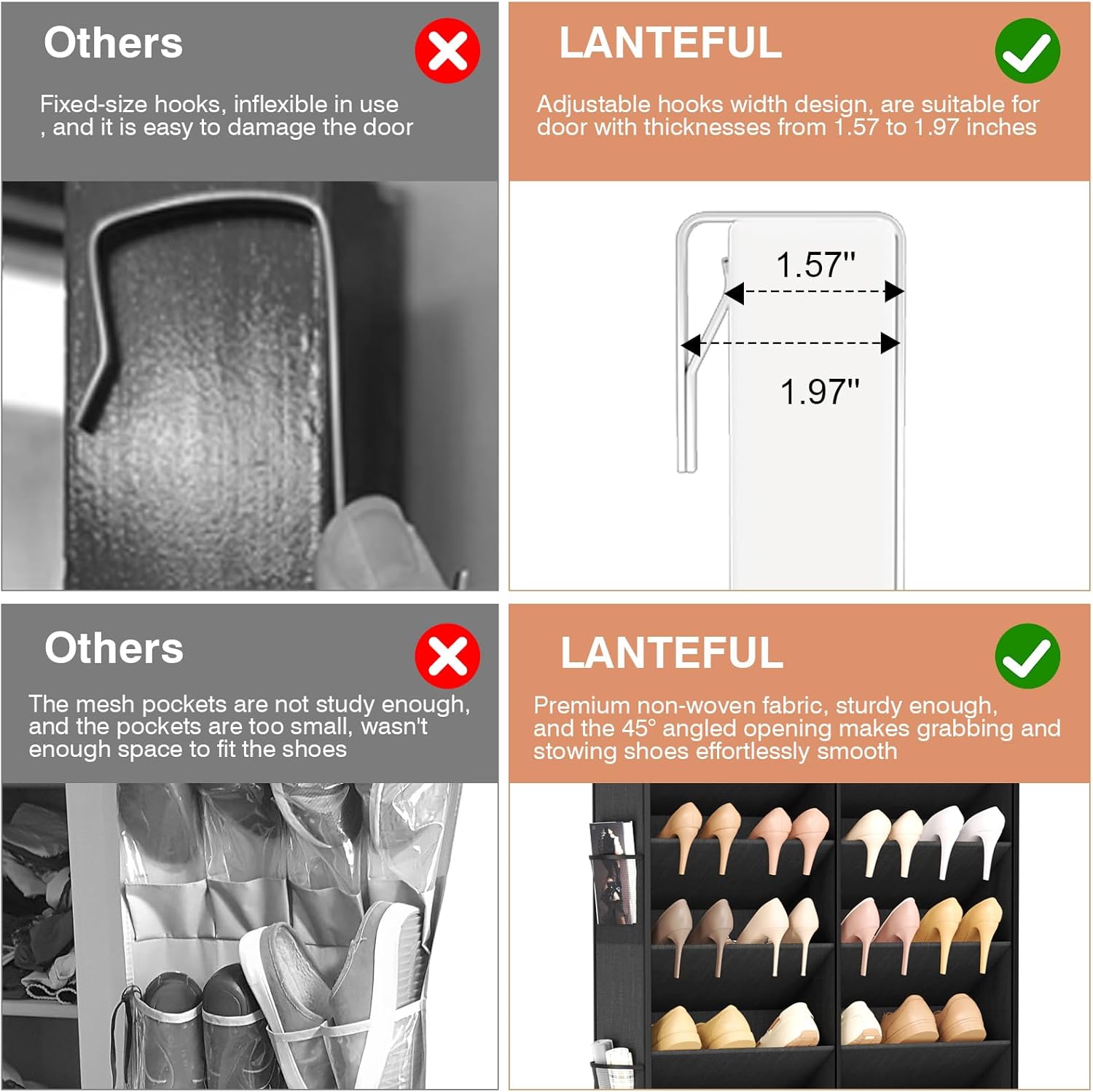 LANTEFUL Over the Door Shoe Organizer, Hanging Shoe Rack for Closet Door Shoe Storage for 30 Pairs Sneaker and Boots, Large Shoe Holder for Door with 10 Side Pockets, Space Saving, Black
