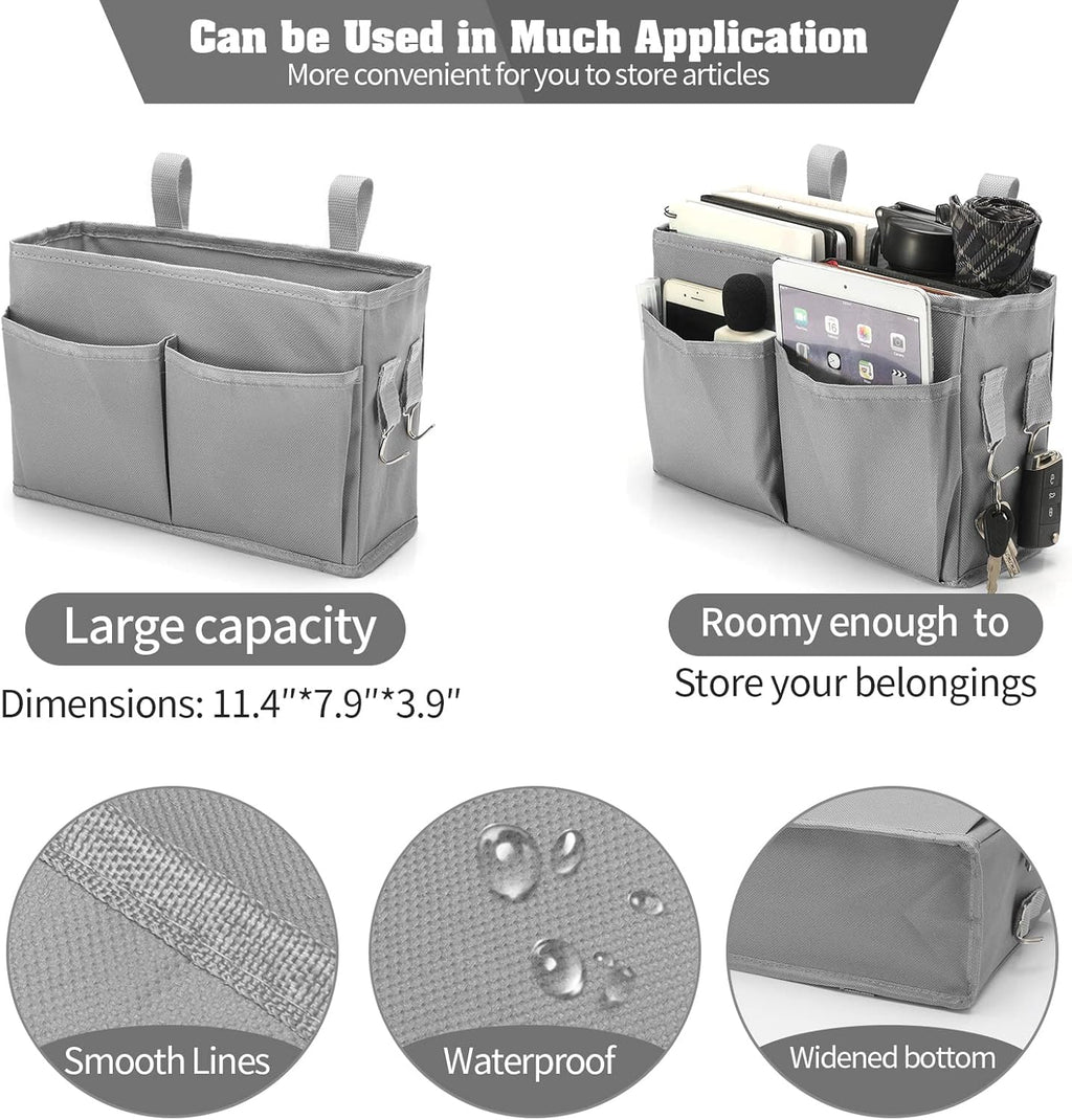 Bseash Bunk Bed Organizer, Bedside Caddy Hanging Bed Organizer Storage Bag with 4 Pockets and 2 Hooks, for College Dorm Rooms Bed, Hospital Bed, Baby Bed Rails, 600D Oxford Cloth (Gray)