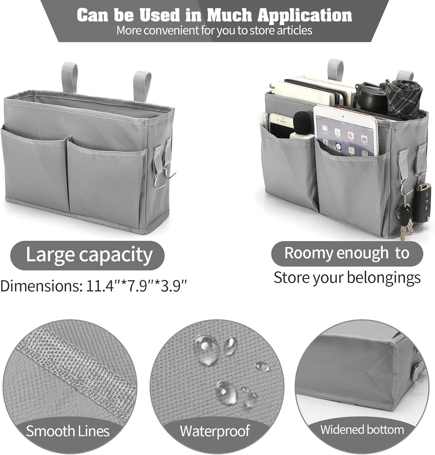 Bseash Bunk Bed Organizer, Bedside Caddy Hanging Bed Organizer Storage Bag with 4 Pockets and 2 Hooks, for College Dorm Rooms Bed, Hospital Bed, Baby Bed Rails, 600D Oxford Cloth (Gray)