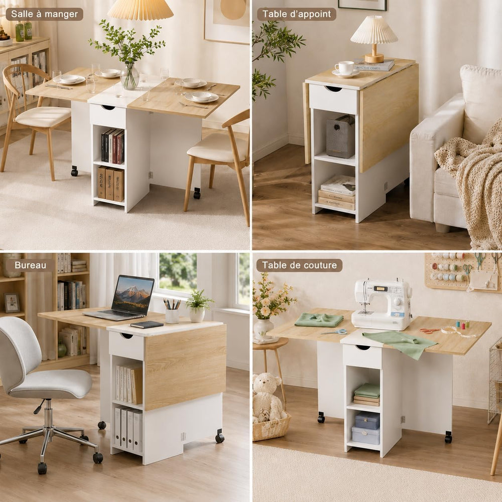 Mondeer Folding Dining Table with Drawer and Shelves, Oak & White | Drop ...