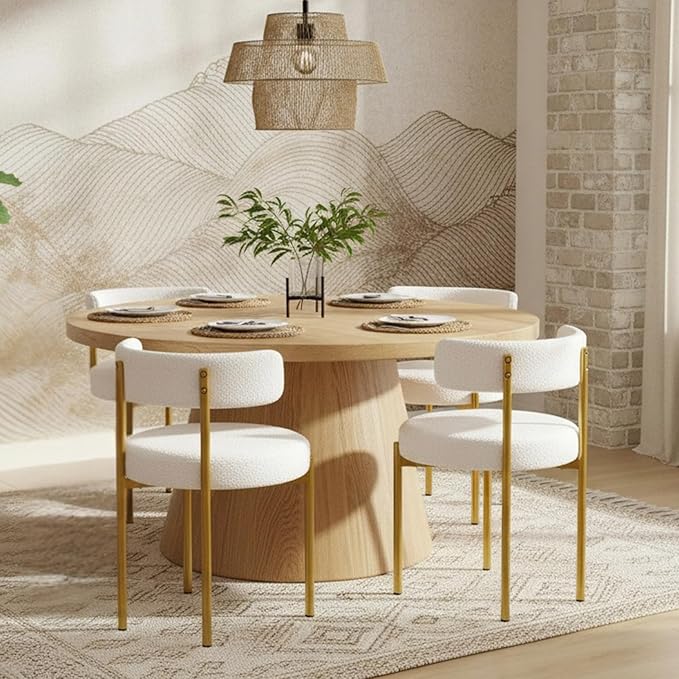 Boucle Dining Chairs Set of 2, White Dining Chairs with Upholstered Seat and Gold Legs, Mid-Century Modern Kitchen Chairs for Dining Room, Restaurant