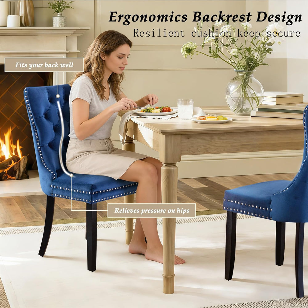 Dining Chairs Set of 2,Velvet Kitchen Chairs with Wood Legs(Blue) | JETEAGO U...