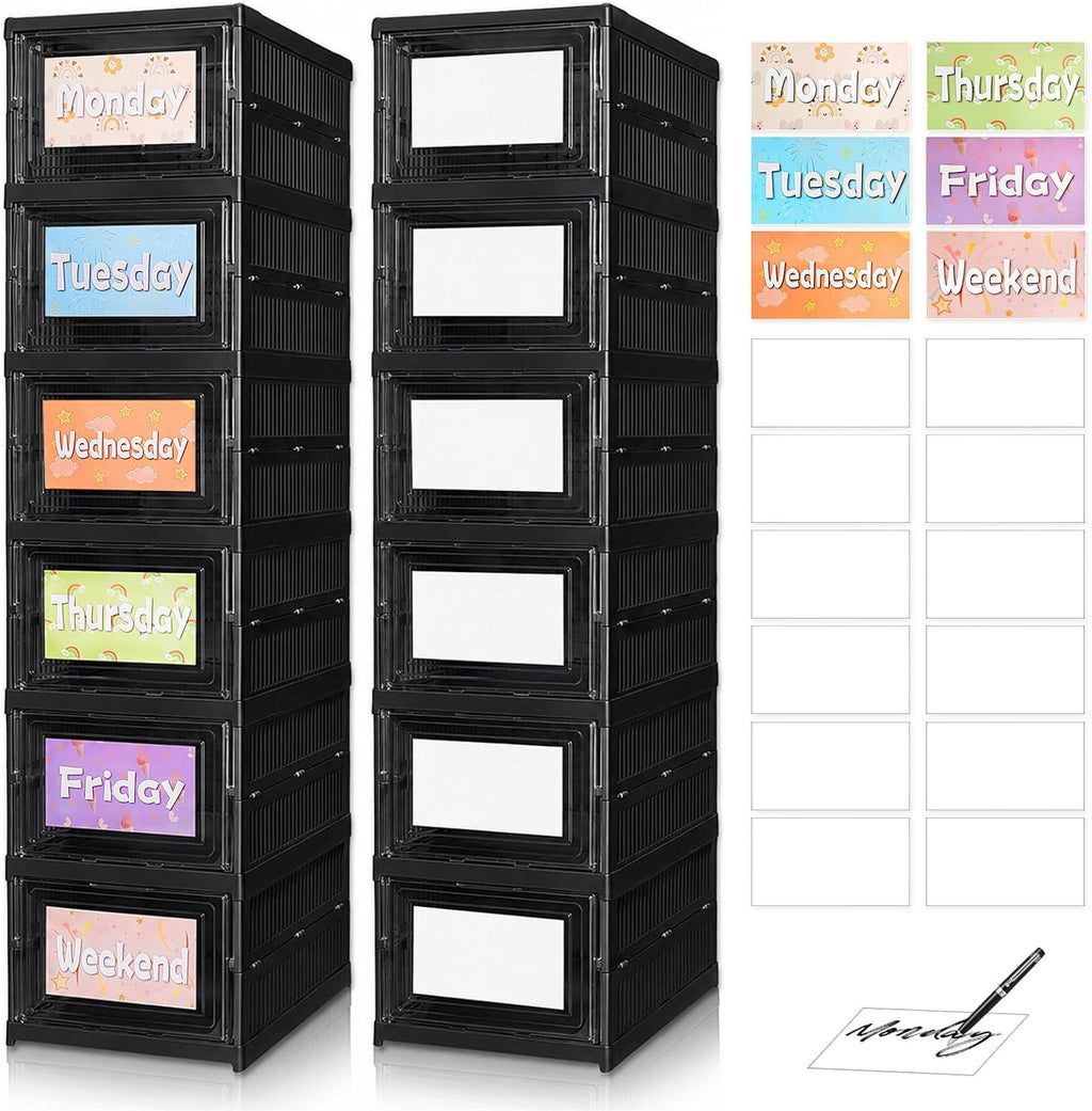 6 Shelf Weekly Clothes Organizer for Kids, Foldable Days of the Week Clothes Organizer with 18 Labels, Monday Through Weekend Essential Stuff Shoe Organizer, Kid Habit & Creativity Training
