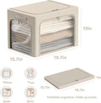 CYhom 3Pack Clothes Storage Bins - Oxford Frame Storage Box Foldable Stackable Storage Organizer with 3 Openings Design, Metal Frame, Clear Window, Carry Handles (66L-19.7 * 15.7 * 13, Beige)