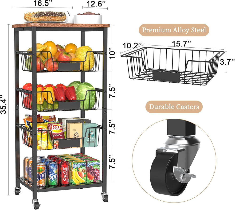 Hastatii Kitchen Storage Cart, Kitchen Basket, 5-Tier Utility Organizer with ...