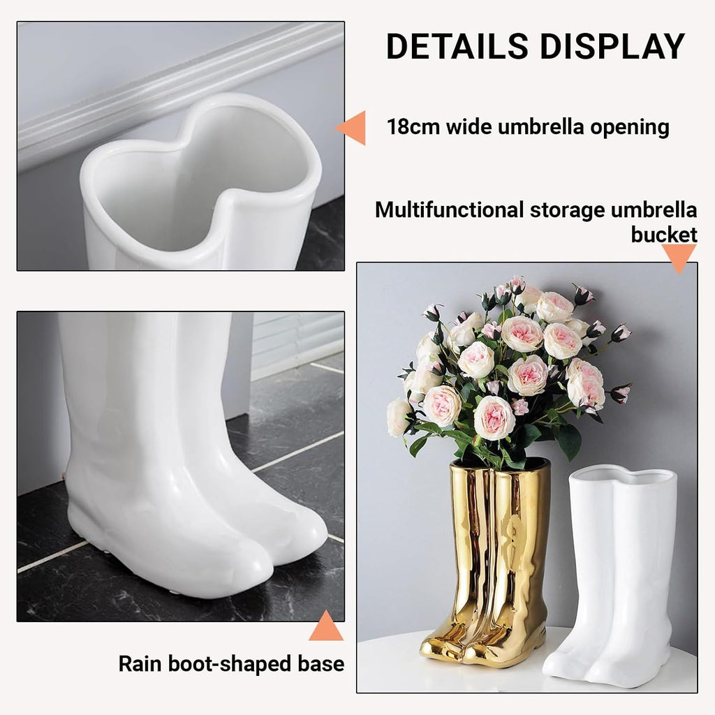 Indoor Rain Boots Umbrella Rack Tall Entryway Ceramic Umbrella Stand Holder Multifunctional Vase Floor Storage Umbrella Canes/Walking Sticks Bucket for Home Office Porch.(White)