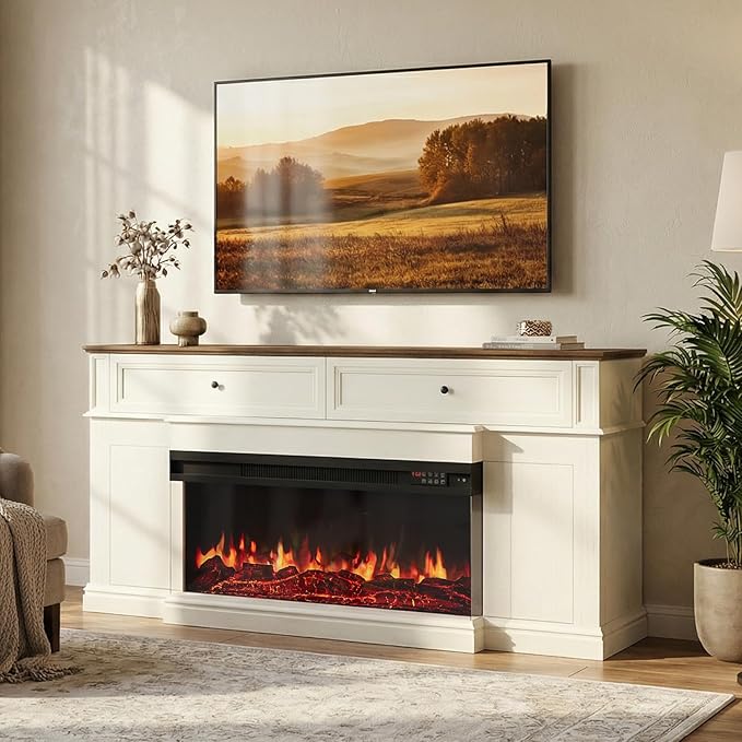 63" Farmhouse TV Stand with Fireplace for TVs up to 70", Media Entertainment Center with Adjustable Shelves, Farmhouse TV Console for Living Room, White & Black