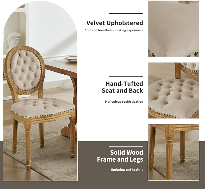 French Country Dining Chairs Set of 6, Beige Kitchen & Dining Room Chairs, Velvet Kitchen Chairs, Tufted Upholstered, Wood Legs, Sillas De Comedor (Velvet, Beige, 6 Pcs)
