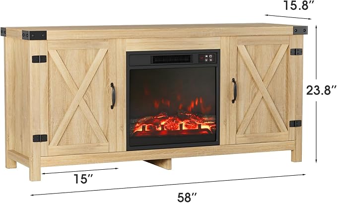JUMMICO Fireplace TV Stand, Farmhouse Entertainment Center with Fireplace and Shelves, Double Barn Doors Storage Cabinets for TVs to 65+ Inch for Living Room (Pale Yellow)