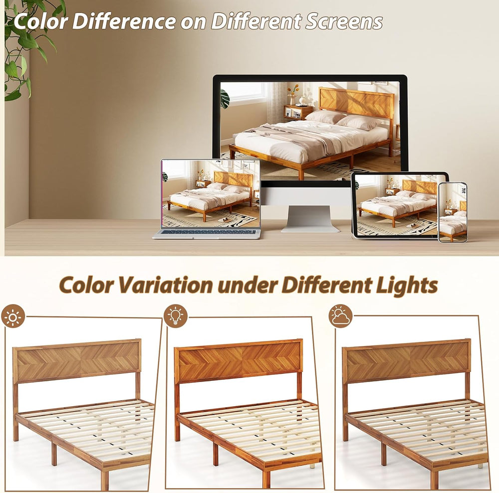GOFLAME Queen Size Wood Bed Frame, Mid-Century Modern Platform Bed with Headb...