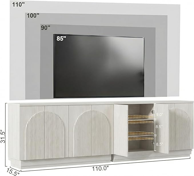 Yechen Fluted TV Stand with Arched Reeded Design Doors, Modern Entertainment Center with Storage for Up to 98", TV Media Console, TV Cabinet for Living Room, Bedroom/White Oak(2 PCS)