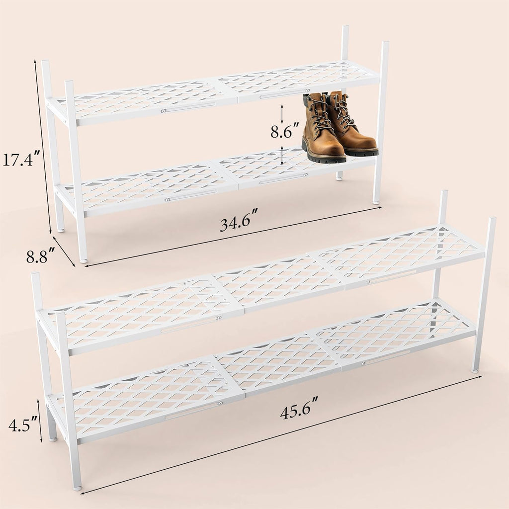 Shoe Rack, 45.6" Expandable Shoe Storage Organizer for Closet - Stackable | 2-Tier Metal Long Shoe Shelf with Sturdy Wire Grid Shoe Stand Holder for Entryway, Garage, Bedroom, Door Entrance, White