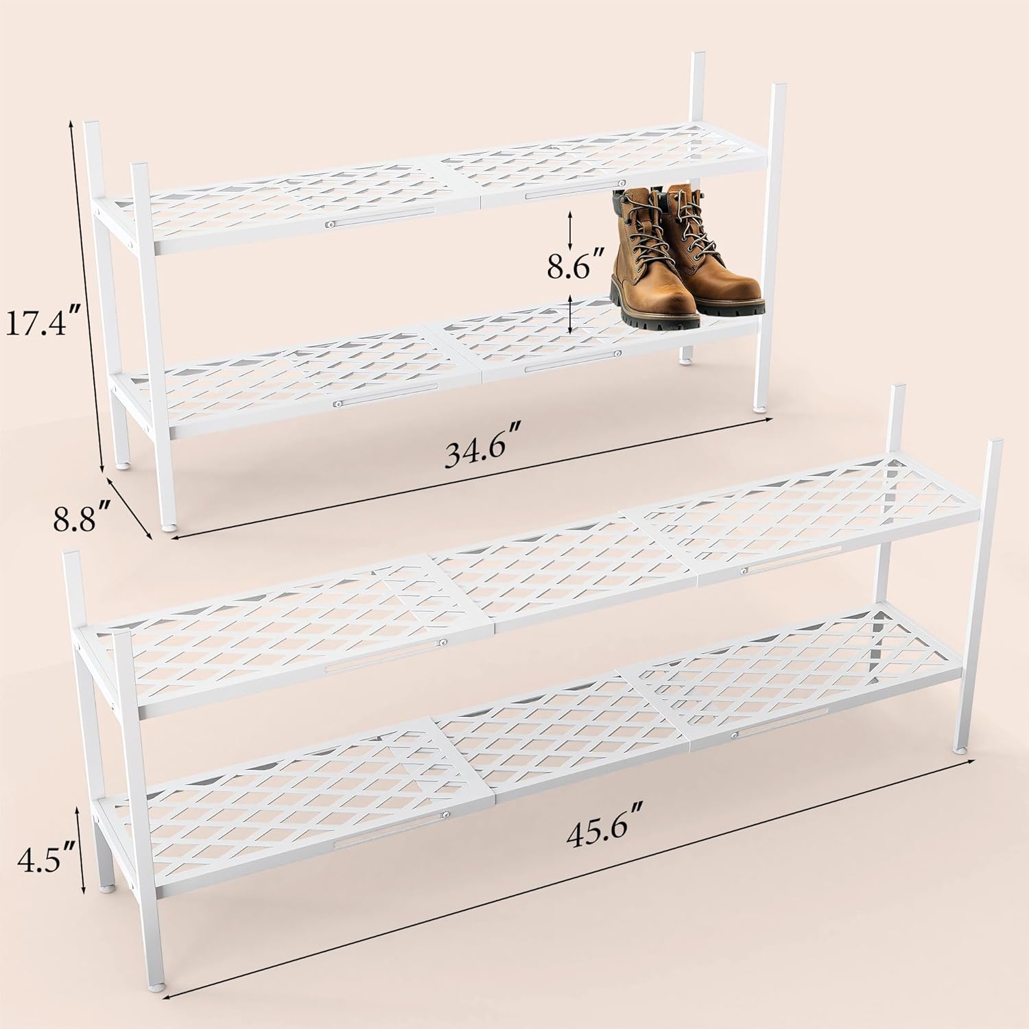 Shoe Rack, 45.6" Expandable Shoe Storage Organizer for Closet - Stackable | 2-Tier Metal Long Shoe Shelf with Sturdy Wire Grid Shoe Stand Holder for Entryway, Garage, Bedroom, Door Entrance, White