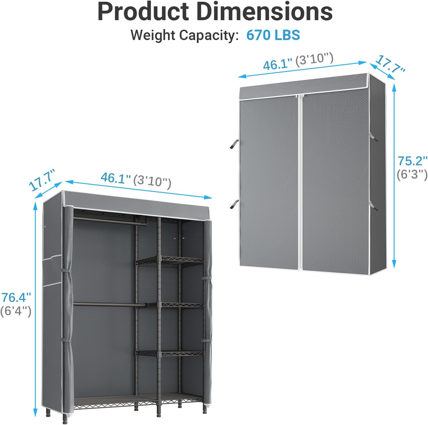 VIPEK V7C Garment Racks with Cover Portable Closets for Hanging Clothes, Heavy Duty Clothes Rack with Shelves Metal Closet Wardrobe, Max 670lbs, Black Rack with Grey Upgraded Polyester Cover