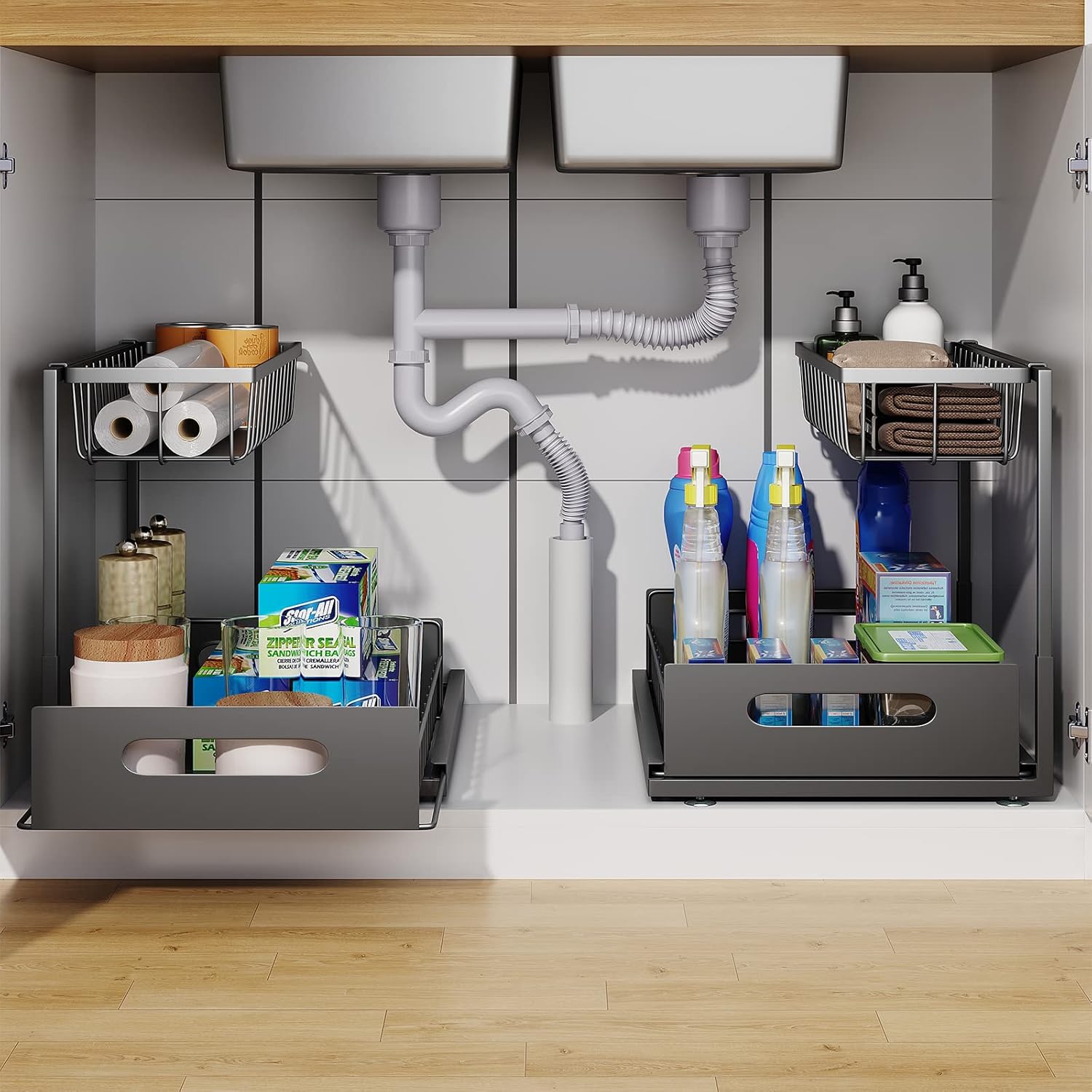 Under Sink Organizer, 2 Tier Under Sink Organizers and Storage Multi-Purpose Under Sink Storage for Bathroom Kitchen (Black)