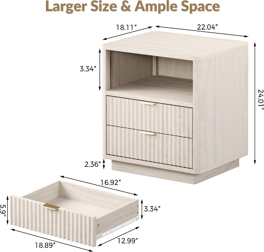 ROCSUMOO Fluted Nightstands Set of 2, Large Nightstand with Drawers and Stora...