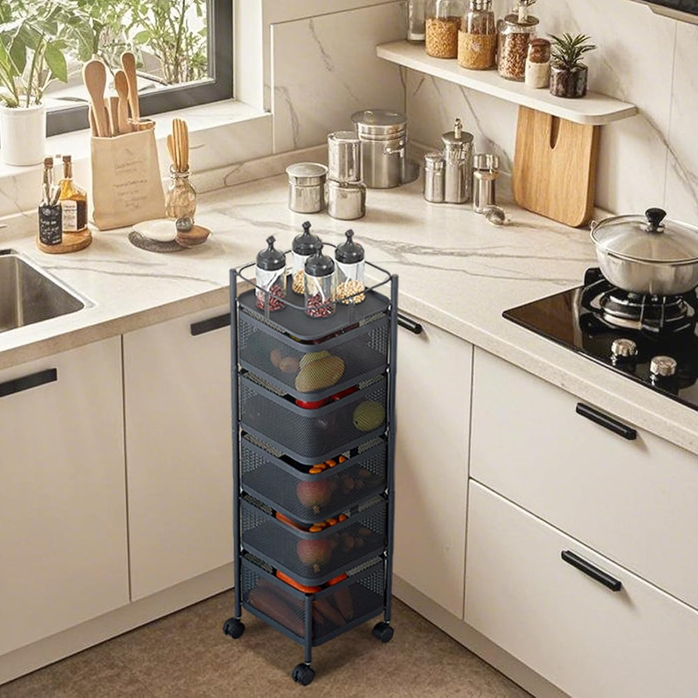 5Tier Rotating Kitchen Storage Organizer Rolling Cart with Removable Baskets