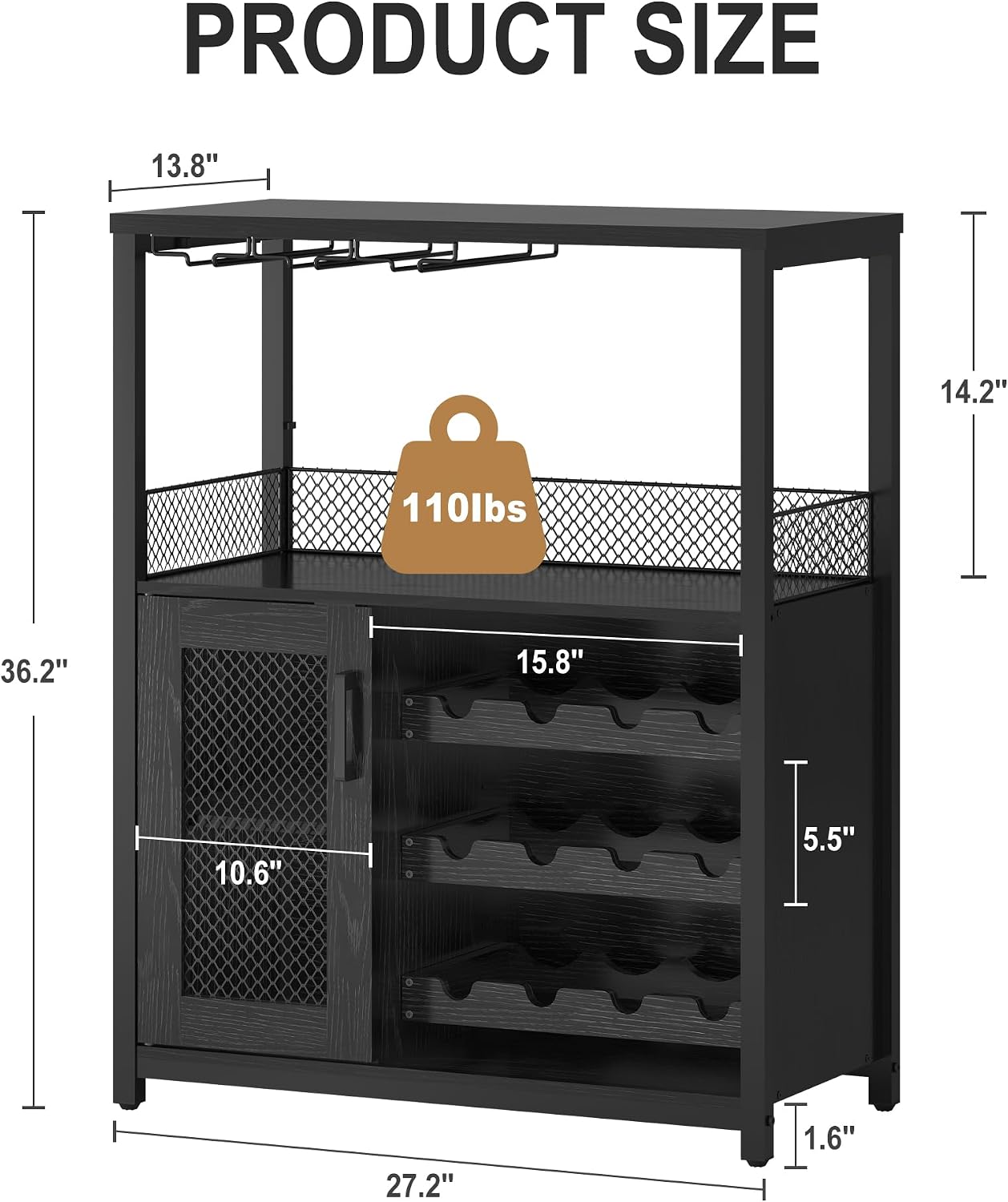 GarveeHome Wine Bar Cabinet with LED Lights, Liquor Cabinet with Storage | 3-Tier Coffee Bar Cabinet with Wine Rack, Glass Holder & Mesh Door, Sideboard Buffet Bar for Living Room, Dining Room, Black